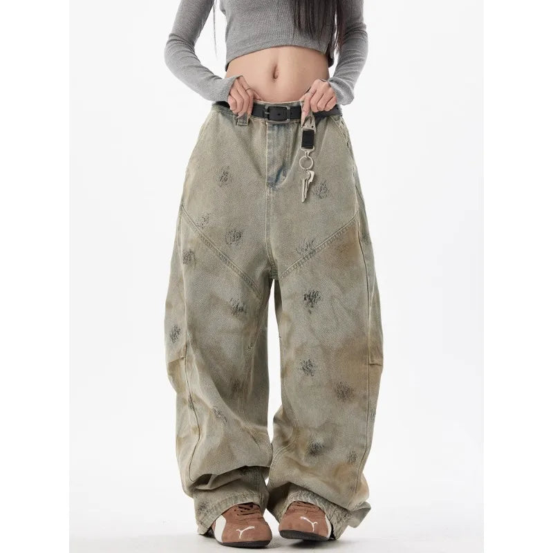 High Street Retro Washed Tie-Dye Distressed Jeans Men Women American Hip-Hop Rap High Waist Loose Jeans Casual Straight Pants