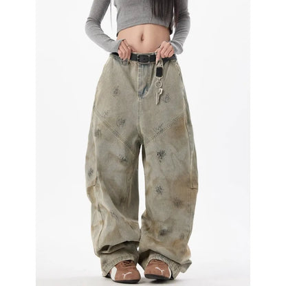 High Street Retro Washed Tie-Dye Distressed Jeans Men Women American Hip-Hop Rap High Waist Loose Jeans Casual Straight Pants