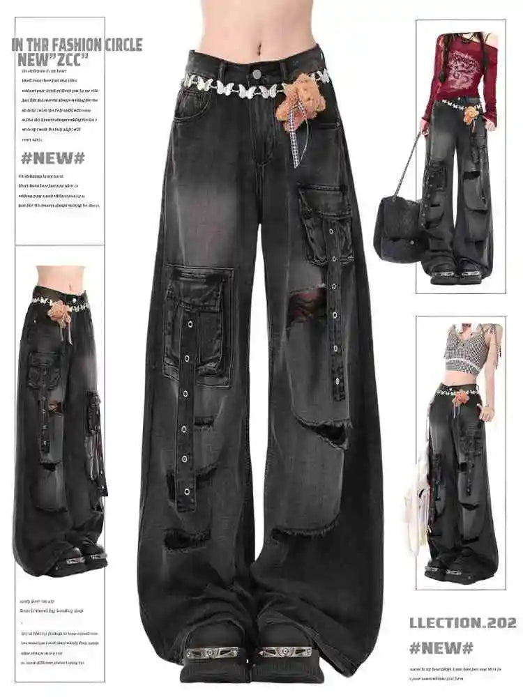 High Waist Ripped Women's Pink Jeans Hip-hop Style Fashion Vintage Streetwear Y2K Wide Leg Jean 2025 Trouser Baggy Denim Pants