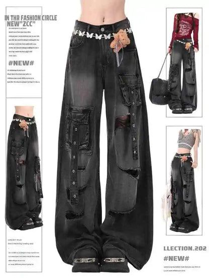 High Waist Ripped Women's Pink Jeans Hip-hop Style Fashion Vintage Streetwear Y2K Wide Leg Jean 2025 Trouser Baggy Denim Pants