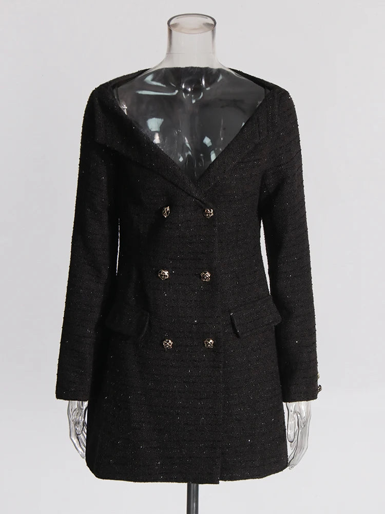 Casual Elegant Dresses For Women Slash Neck Long Sleeve High Waist Spliced Double Breasted Dress Female Fashion New