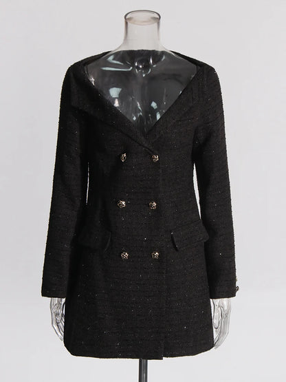 Casual Elegant Dresses For Women Slash Neck Long Sleeve High Waist Spliced Double Breasted Dress Female Fashion New