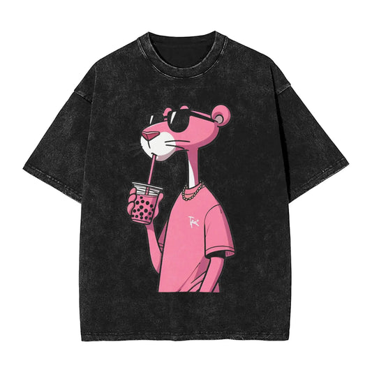 Men's T Shirt Pink-Panthers Drinking Washed T-Shirts Hippie  Beach Tee Shirt Y2K Funny Design Casual Clothing Hot Sale