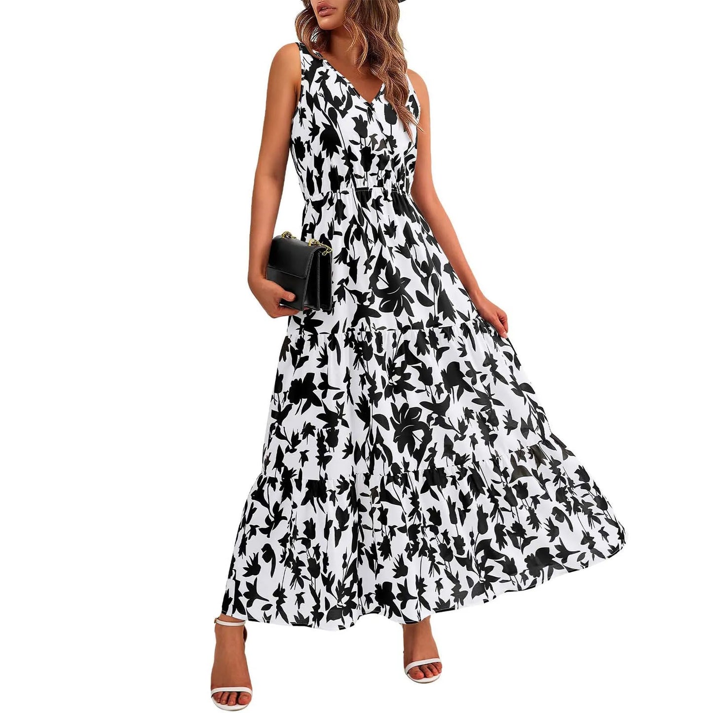 High Waist Flower Printed Dresses For Women Summer Casual Loose And Comfortable Beach Style Sleeveless V-neck Long Dresses