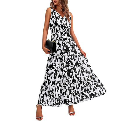 High Waist Flower Printed Dresses For Women Summer Casual Loose And Comfortable Beach Style Sleeveless V-neck Long Dresses