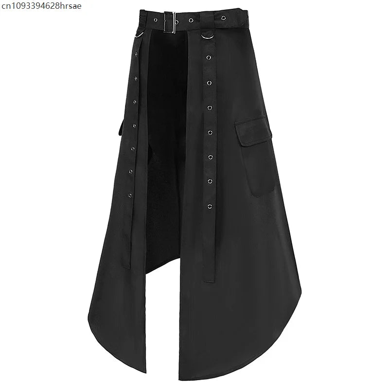 Irregular Skirts For Men Black High Waist Gothic Pleated Steampunk Rock Double Breasted Long Skirt Halloween Party Costumes