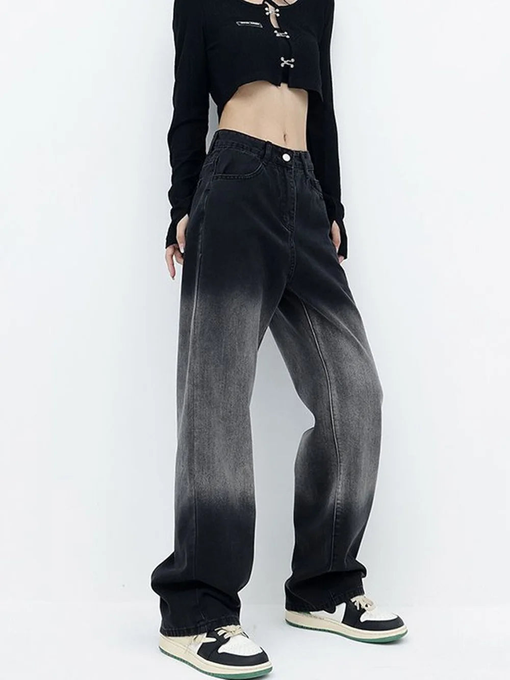 Women's High Waist Slimming Straight Jeans Black Gradient Pear Shaped Chubby Sister Spring Autumn New Style