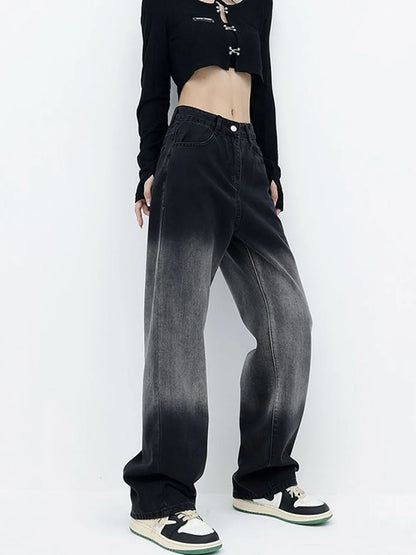 Women's High Waist Slimming Straight Jeans Black Gradient Pear Shaped Chubby Sister Spring Autumn New Style