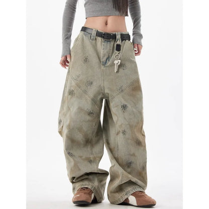 High Street Retro Washed Tie-Dye Distressed Jeans Men Women American Hip-Hop Rap High Waist Loose Jeans Casual Straight Pants