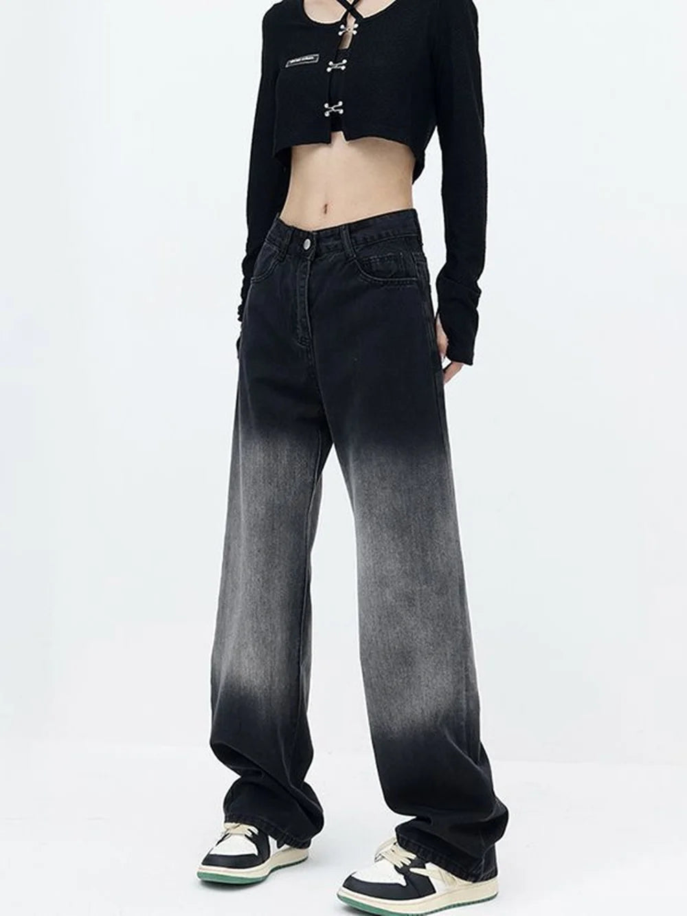 Women's High Waist Slimming Straight Jeans Black Gradient Pear Shaped Chubby Sister Spring Autumn New Style