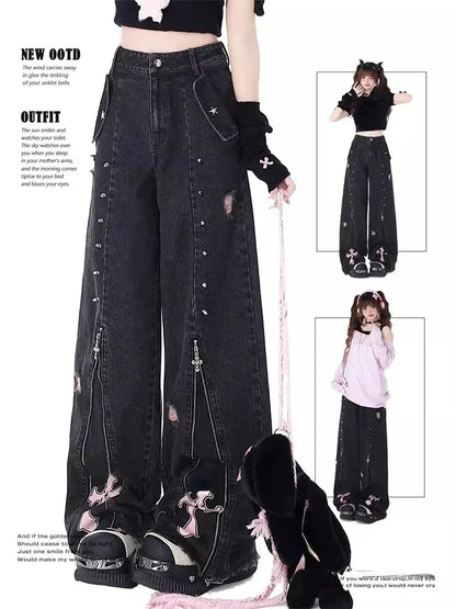 Vintage High Waist Cowboy Pants Harajuku Trousers Aesthetic Y2K Sweet Cool Straight Leg Jeans for Women Black Gothic Baggy