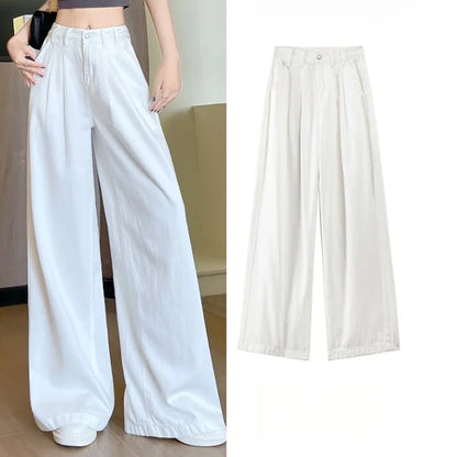 High Waist Elegant White Denim Women's Wide Leg Pants Pockets 2025 New Single Button Casual Loose Full Length Jeans Trousers