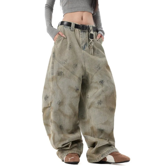 High Street Retro Washed Tie-Dye Distressed Jeans Men Women American Hip-Hop Rap High Waist Loose Jeans Casual Straight Pants