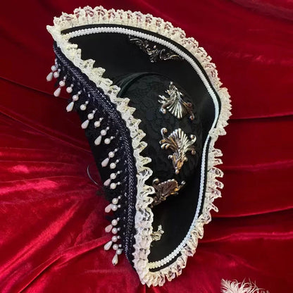 Pirate Hat Retro Gothic Countess Pearl Triangle Hat Women Halloween CosPlay Pirate Feather Hat Costume Accessories Props New
