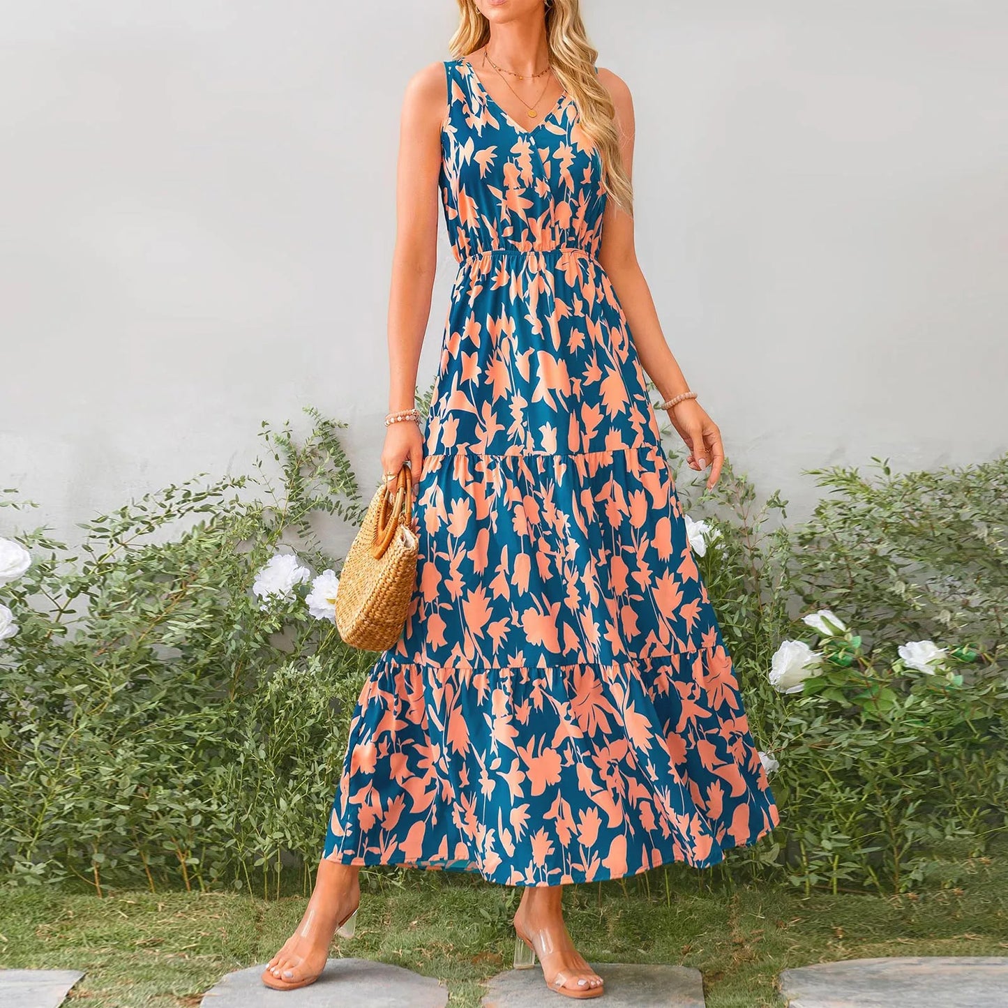 High Waist Flower Printed Dresses For Women Summer Casual Loose And Comfortable Beach Style Sleeveless V-neck Long Dresses