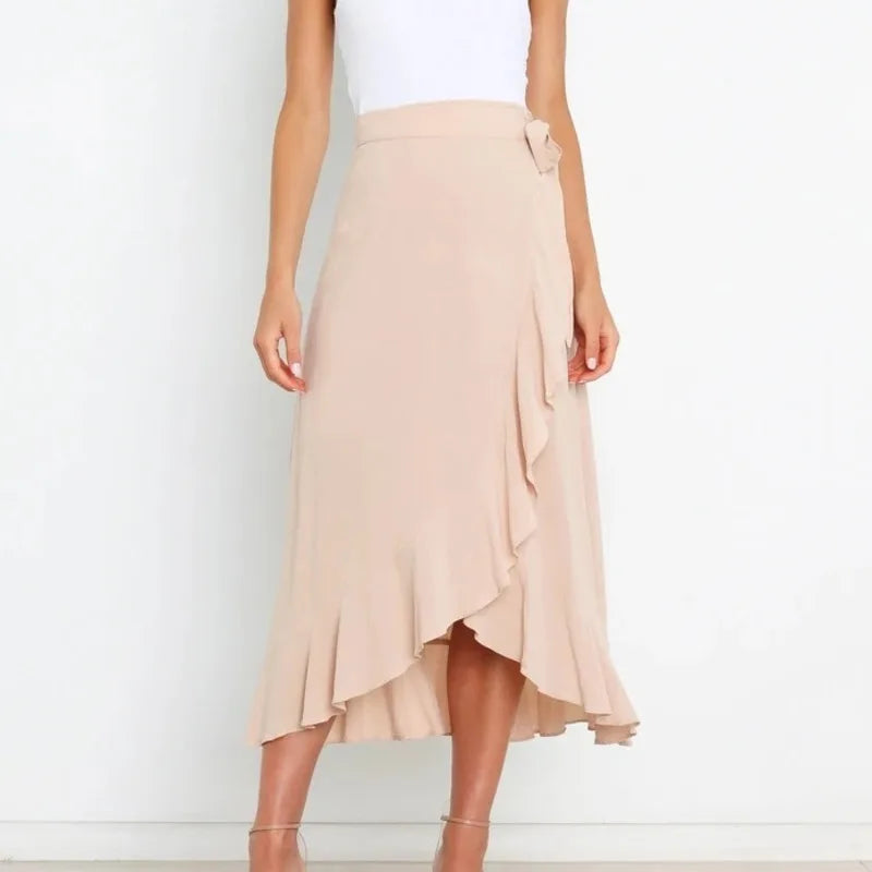 Long Skirts For Womens 2025 Summer Fashion Lace Up Ruffles Solid Color High Waist Bodycon Skirt Female Casual Chiffon Skirt