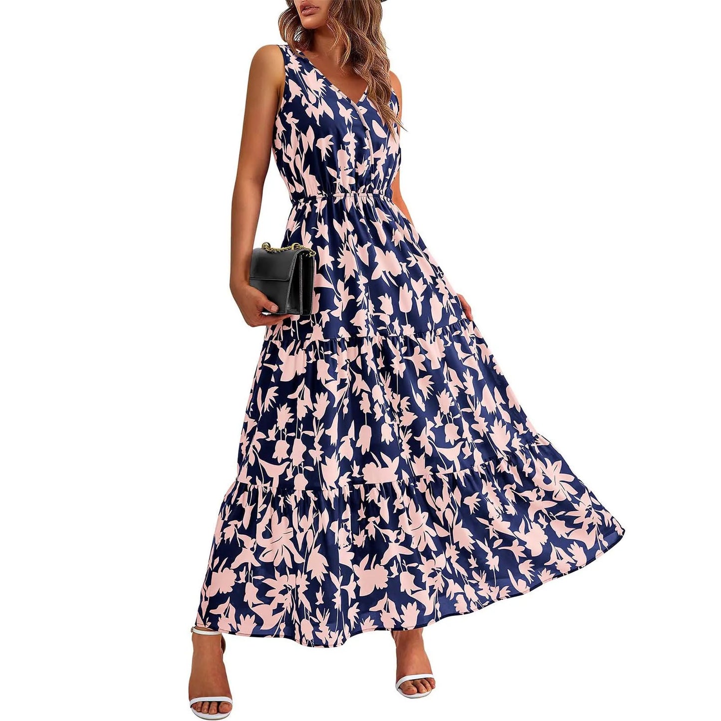 High Waist Flower Printed Dresses For Women Summer Casual Loose And Comfortable Beach Style Sleeveless V-neck Long Dresses