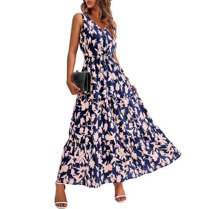 High Waist Flower Printed Dresses For Women Summer Casual Loose And Comfortable Beach Style Sleeveless V-neck Long Dresses