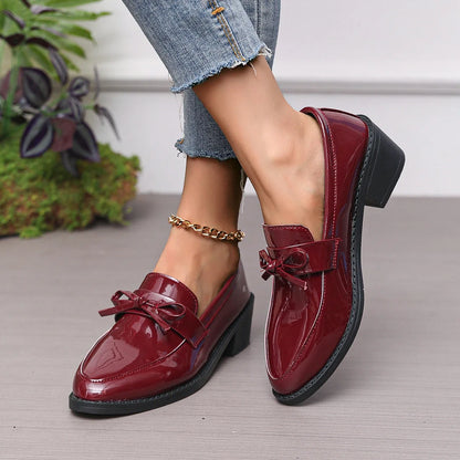PU Leather Women's Shoes 2025 Spring Pointed Toe Slip-on Women's Casual Loafers Elegant Bow Office Med Heel Shoes Zapatos Mujer