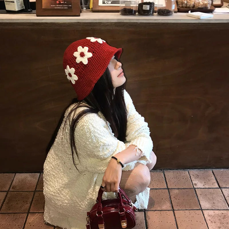 New Handmade Knitted Hat Water Bucket Hat Women's Woolen Hat Cold Hat Japanese Sweet and Cute Handmade Knitted Flower Basin Hat