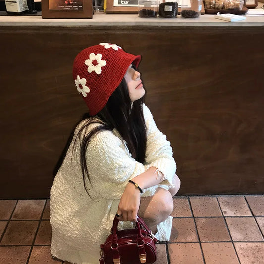 New Handmade Knitted Hat Water Bucket Hat Women's Woolen Hat Cold Hat Japanese Sweet and Cute Handmade Knitted Flower Basin Hat