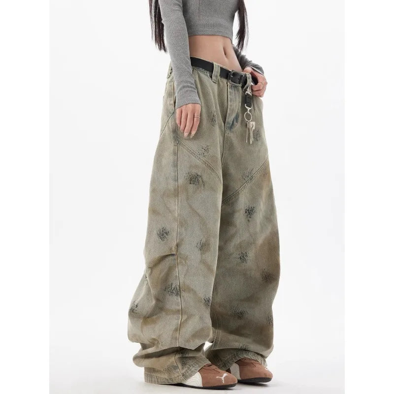 High Street Retro Washed Tie-Dye Distressed Jeans Men Women American Hip-Hop Rap High Waist Loose Jeans Casual Straight Pants